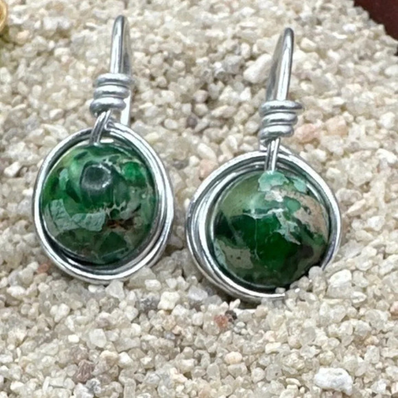Chunky sea sediment Jasper dangle spheres silver earrings - Picture 1 of 1